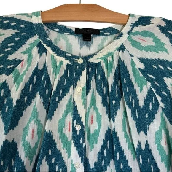 J Crew Ikat Print Long Sleeve Drawstring Waist Romper Blue White‎ Sz L Cotton - Image 4