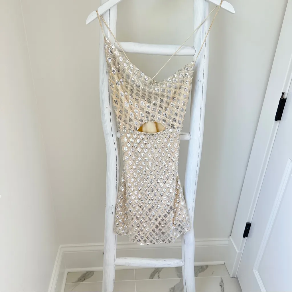 Saints & Secrets Asymmetrical Cowl Neckline Tie-Up Back Sequin Mini Dress Silver - Image 14