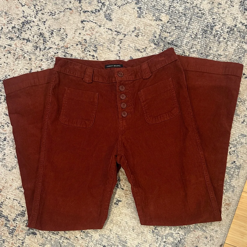 Rust Patch Pocketed Button Front Boot Cut Corduroy Pants - Image 4