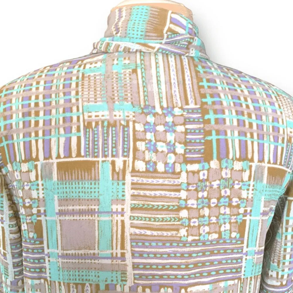 Vintage 90s Top Retro Pastel Geometric Print Tie Neck Blouse Semi Sheer Medium Blue - Image 5