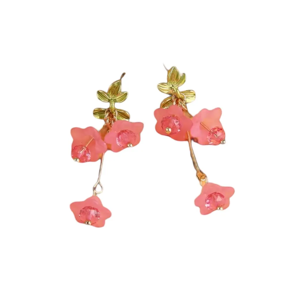 Pink Flower Pendant Elegant Dangle‎ Earrings Boho Minimalist Style Resin Jewelry Gold - Image 5