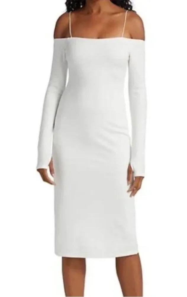 NWT Alice + Olivia Dorinda Off Shoulder Long Sleeve Knit Midi White Dress Size 0 - Image 4