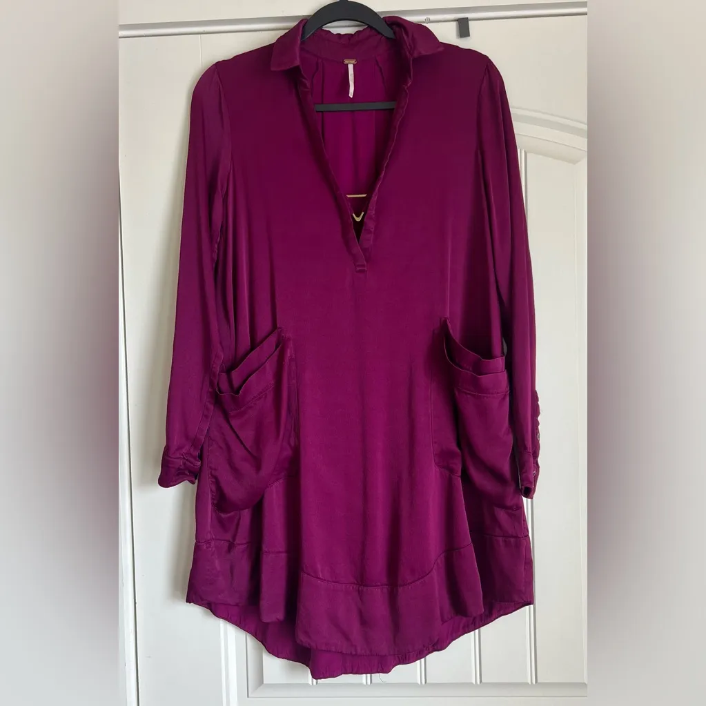 Free People Boho Satin Tunic V-Neck Dress Magenta XS - Image 8