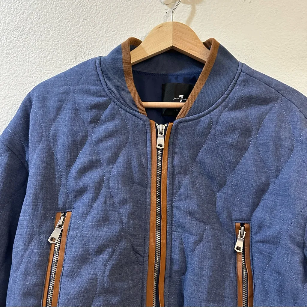 7 For All Mankind Quilted Bomber Jacket Blue Chambray Size Large - Image 5