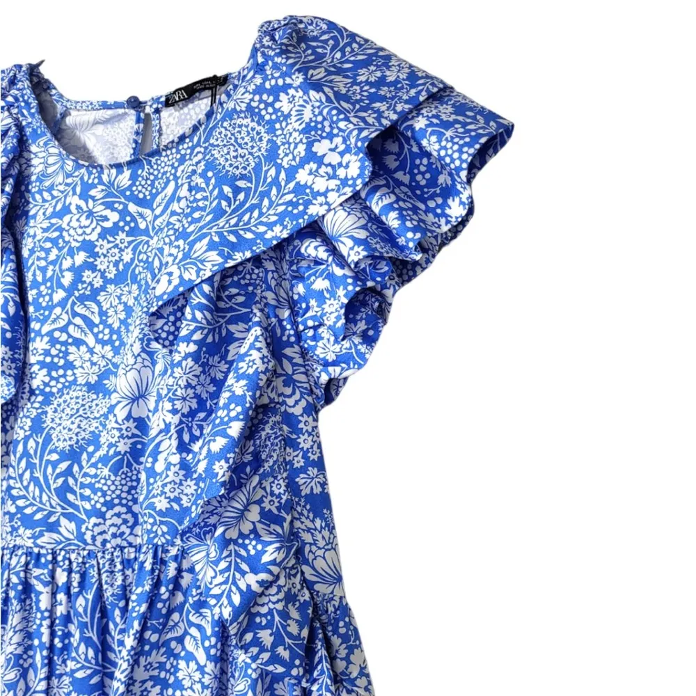 NWT Zara Cotton Floral Print Ruffle Short Sleeve Mini Dress in Blue/White - Image 7