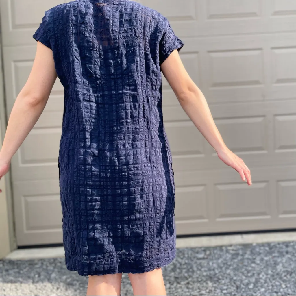 Eileen Fisher Navy Organic Cotton Windowpane Button Front Mini Shirt Dress XS - Image 4