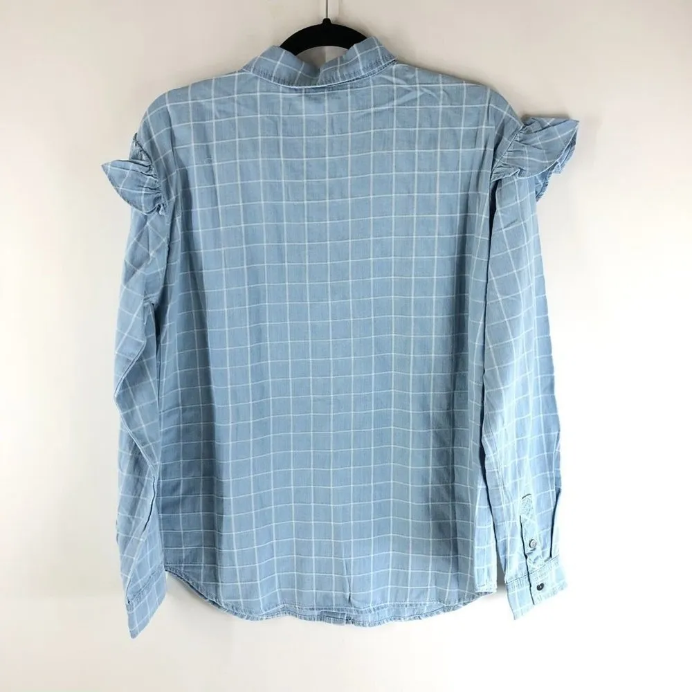 Peace Love World Plaid Printed Shirt with Ruffles Button Front Cotton Blue XS - Image 2