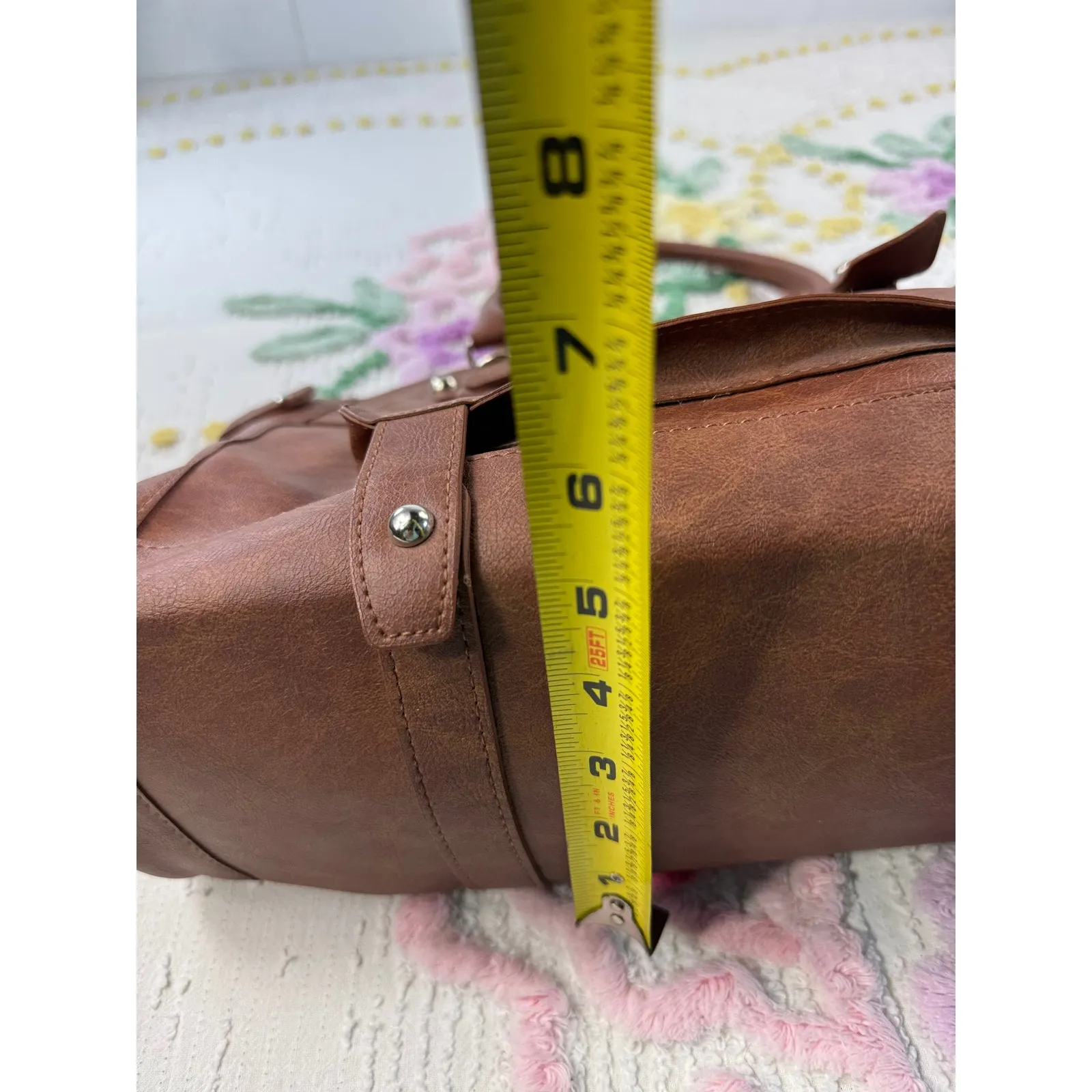 LANEIGE Brown Faux Leather Satchel Bag Tote Top Handle Purse - Image 6