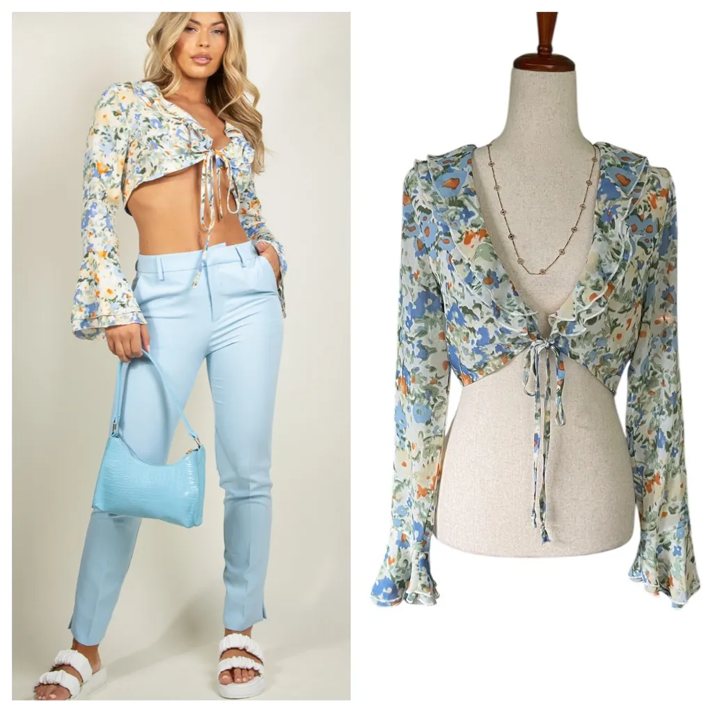 Molly Green Frilled Floral Tie Front Cropped Top - Image 2