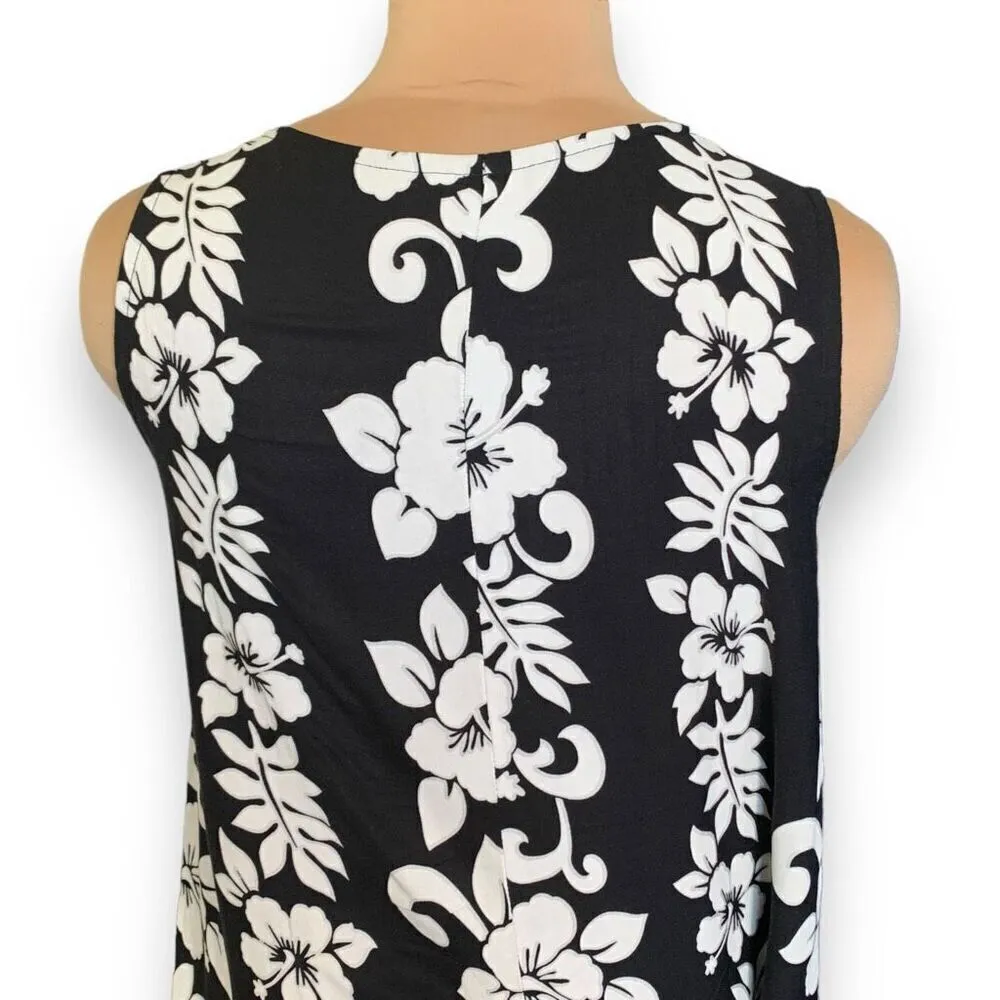 Vintage 90s Mini Dress Black White Hibiscus Floral Tropical Print Sleeveless Black Size L - Image 5