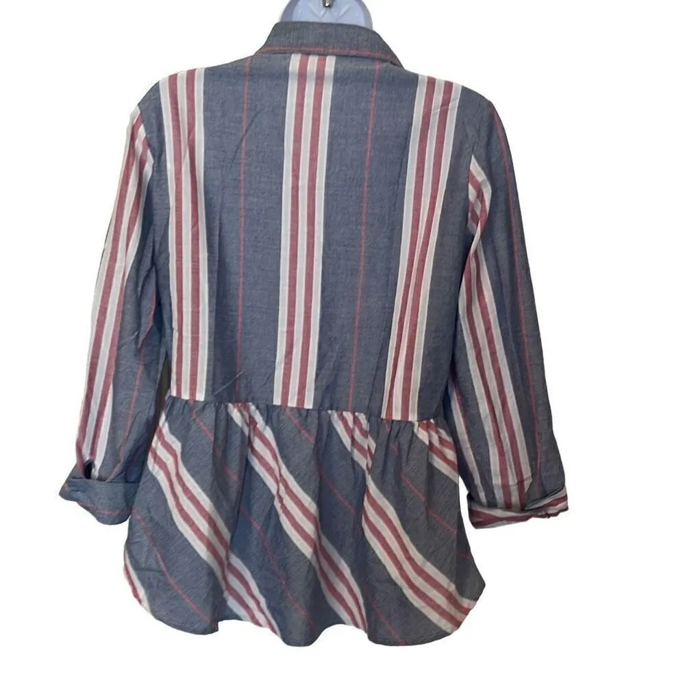 𝅺Love Notes EUC Red White Blue Stripe Button Down Peplum Cuff Sleeve Blouse Sz L - Image 2