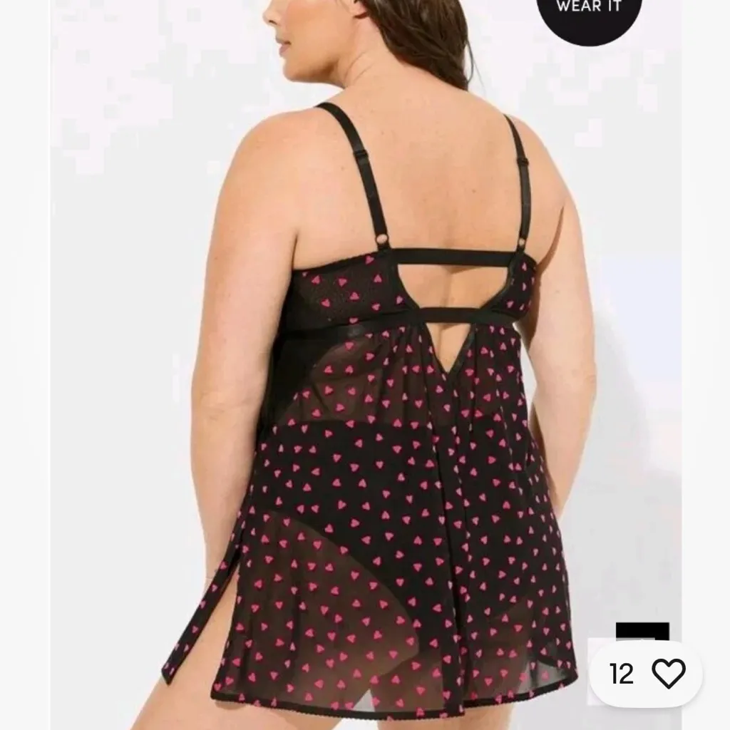 NWT Torrid Mesh Hearts Velvet Red Black Strappy Babydoll Lingerie Thong 1X Cami - Image 2