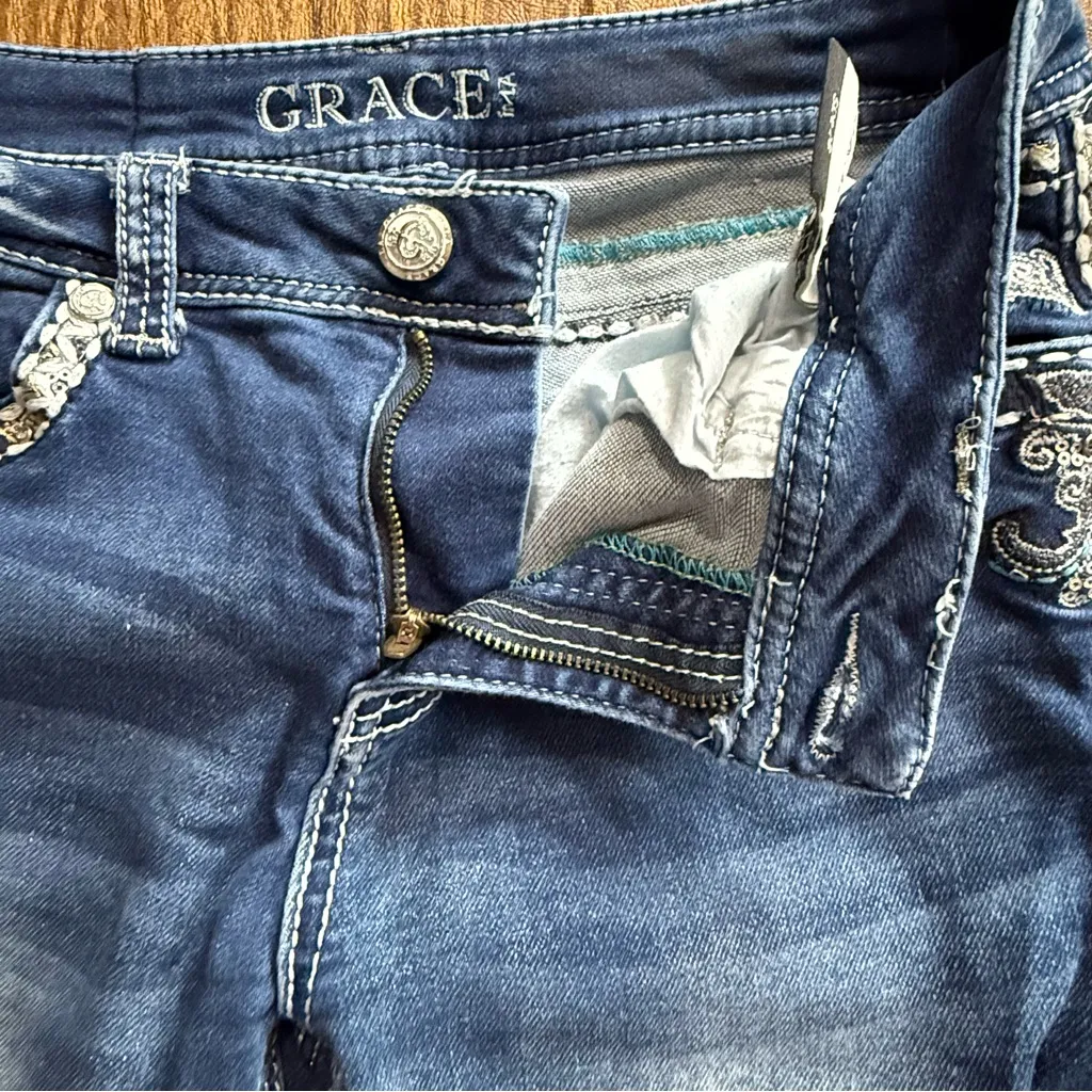 Grace in LA Jeans Bootcut Med Wash Bling Flap Pocket Embellished Distressed 28 - Image 10