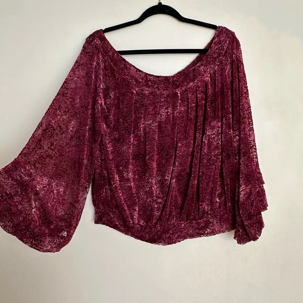 Free People Ginger Berry Top Maroon Velvet Burnout Off Shoulder Bell Sleeve - Image 3
