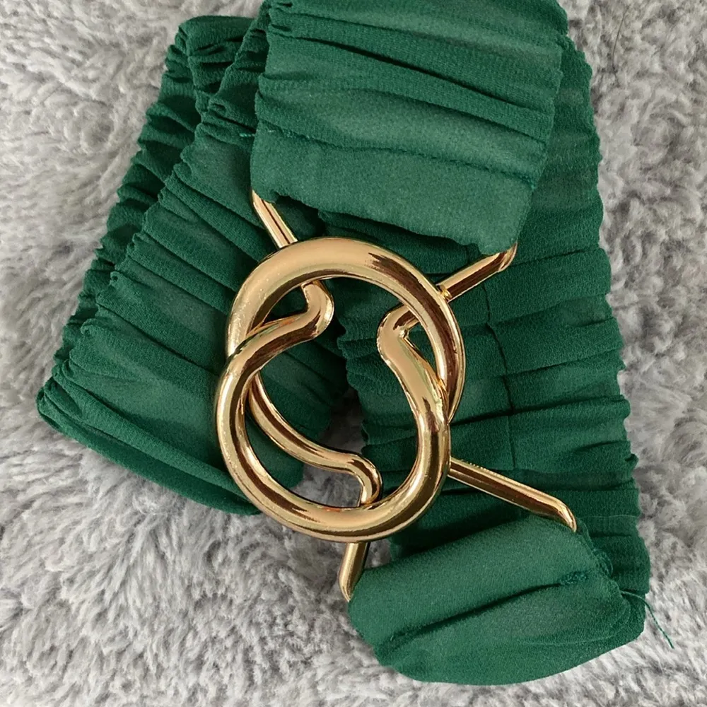 Green chiffon and Gold tone Stretch Belt with interlocking clasp - Image 5