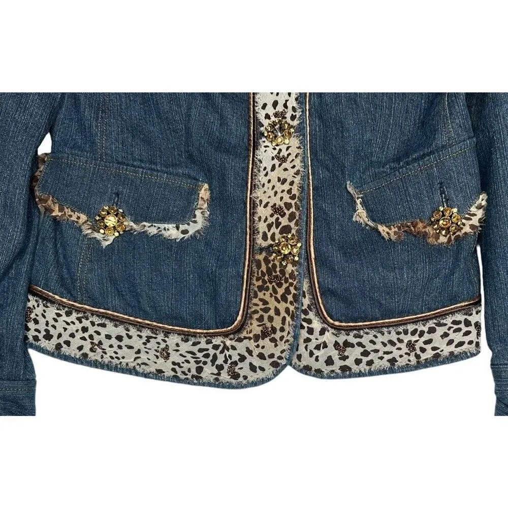 Pamela McCoy Animal Print Trim Embellished Bling Button Blue Denim Jean Jacket M Size M - Image 5