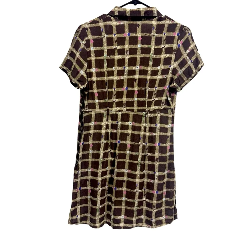 Esprit Vintage Brown Check Floral Short Sleeve Rayon Zip Side Shirt Mini Dress S - Image 6