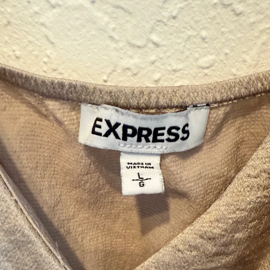 Express Elegant Sparkly Taupe Wrap Cross Camisole Gold Tie Front Blouse Size L/G - Image 2