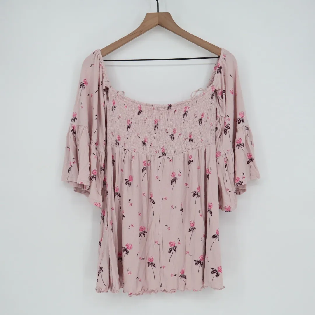 Free People Pink Floral Smocked Square Neck Bell Sleeve Blouse Top M - Image 5