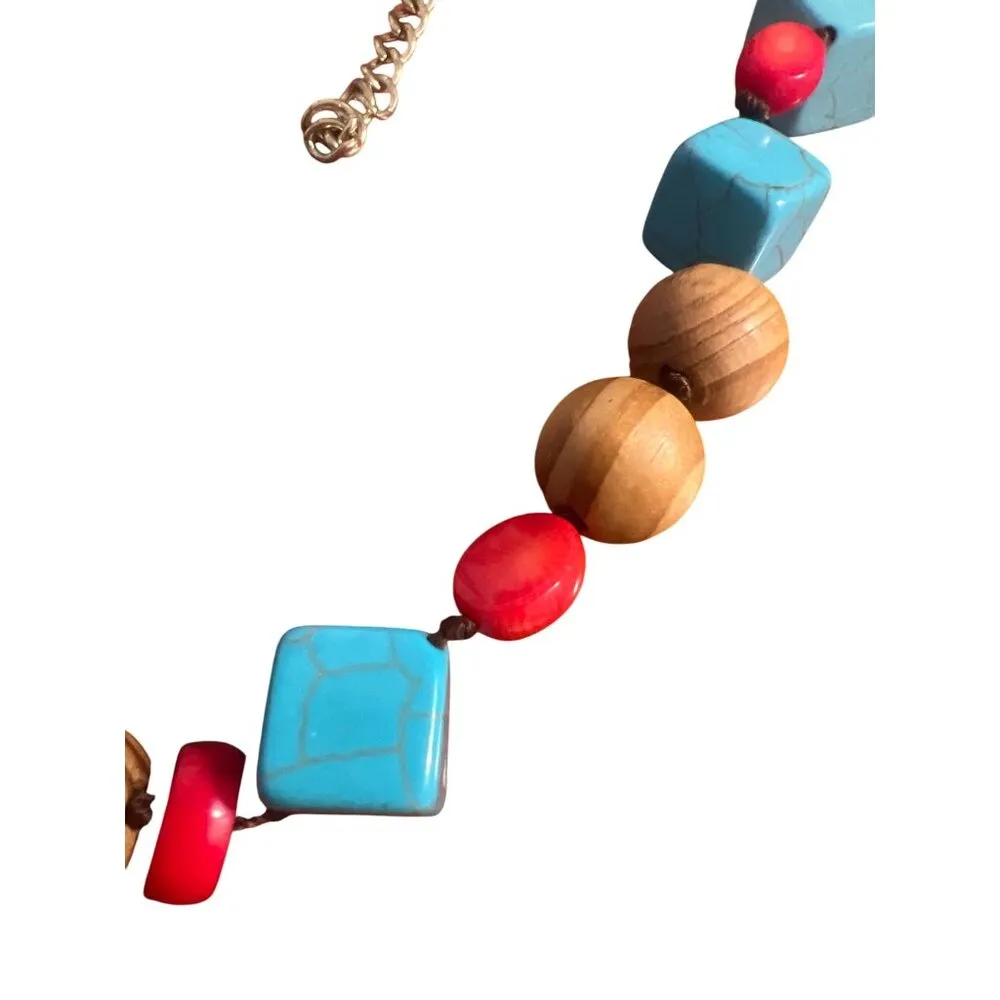 Statement Necklace Wood Turquoise Coral Beads Festival Tribal Boho Cosplay Adj Gold - Image 2