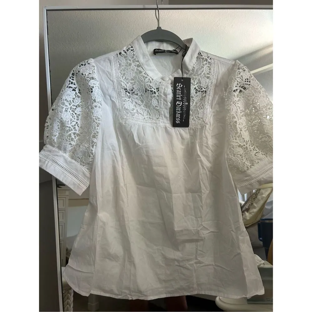 NEW Scarlett Darkness Victorian Lace Cotton Shirt Stand Collar Top S White - Image 4