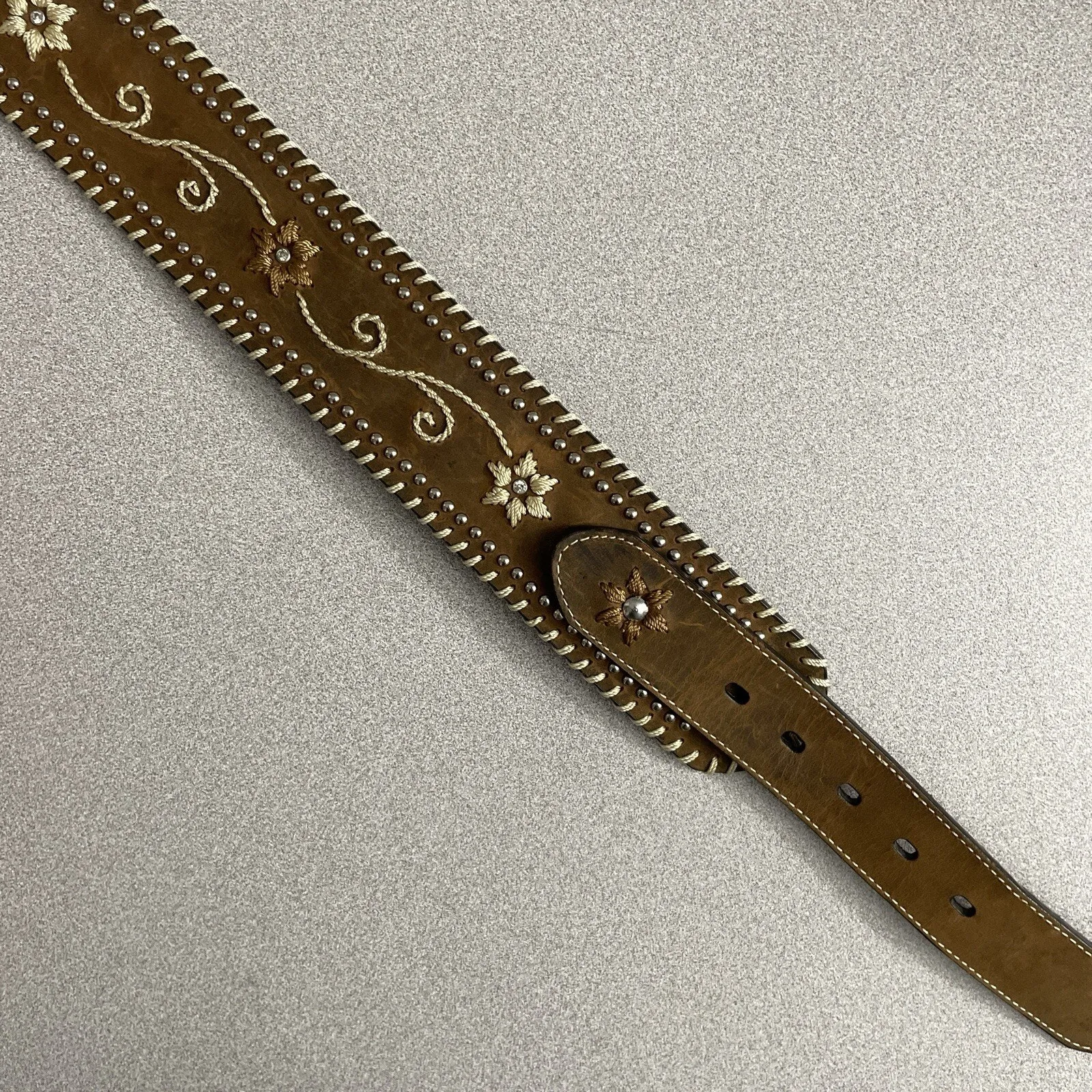 Nocona Belt Co Brown Leather Belt XL Silver Buckle Rhinestones Western Heavy - Image 4