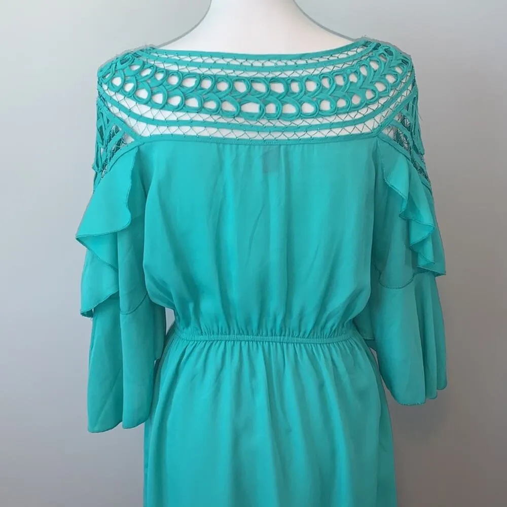 Si Style Turquoise Crochet Ruffle Sleeve Mini Dress Medium Blue - Image 8