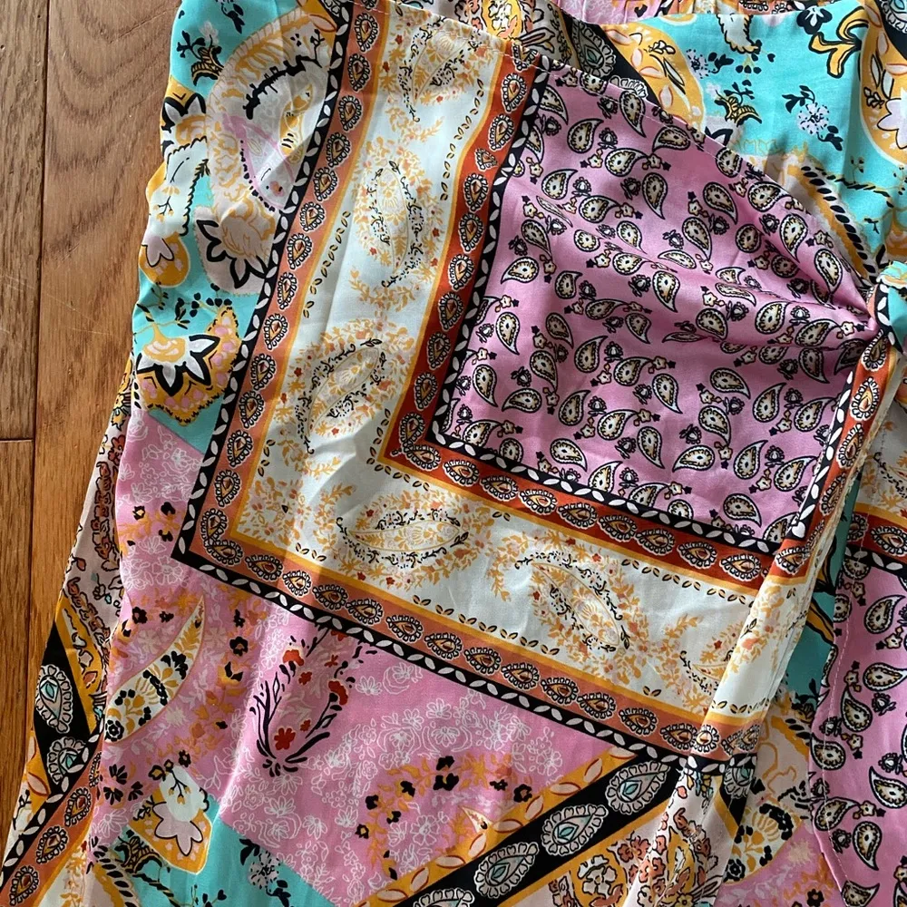 pink and yellow patterned paisley floral wrap silk midi skirt Size M - Image 7