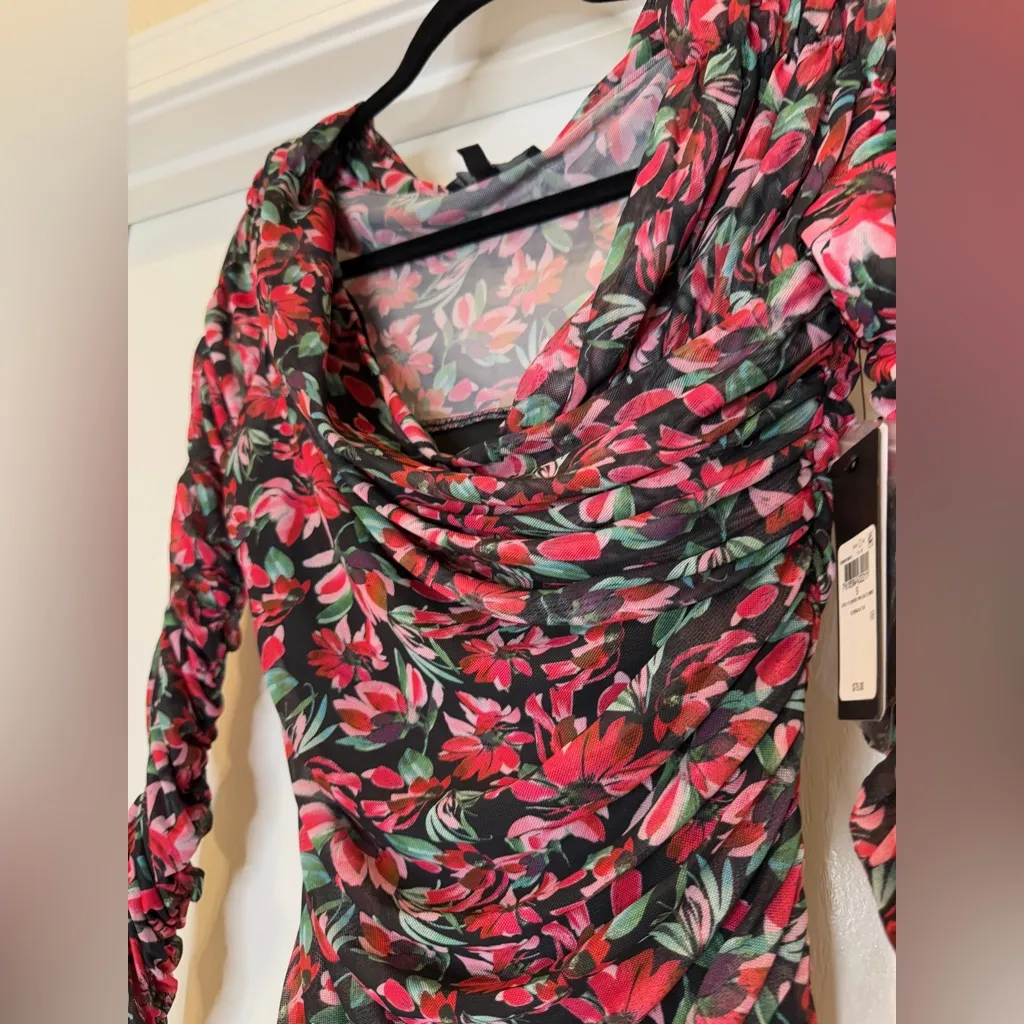 Guess Floral Long Sleeve Ruched Cowl Neck Top Small Black Red Green Stretchy NWT - Image 8