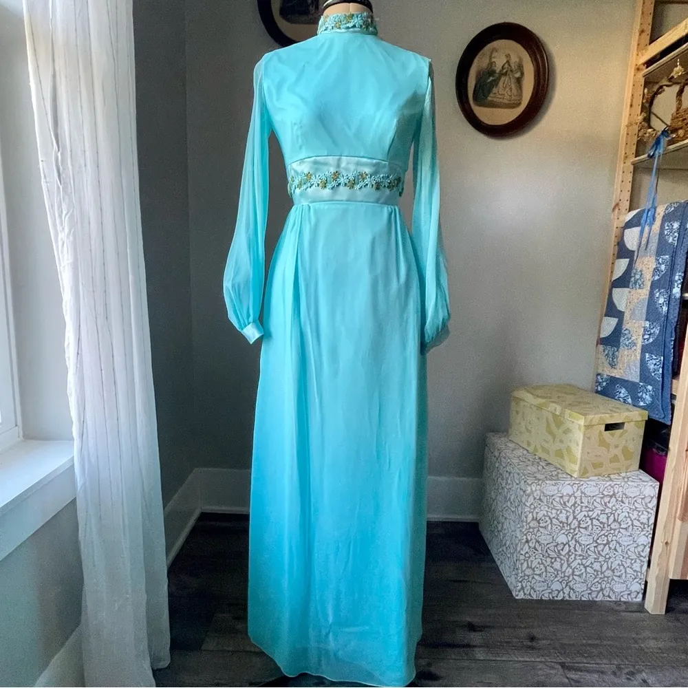 VINTAGE 1960s mod gown in teal with floral ribbon and chiffon Size 0 - Image 9
