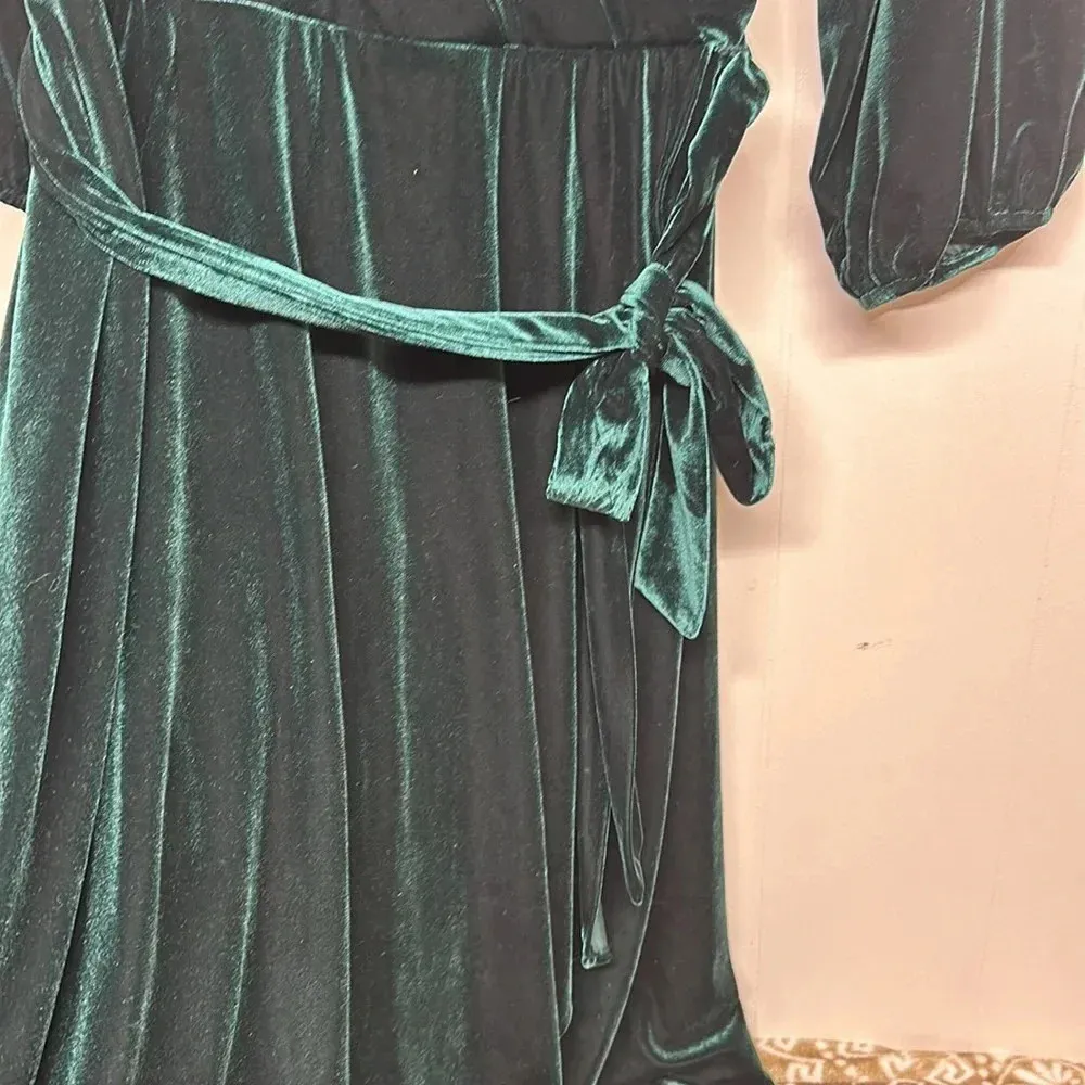 Womens Velvet Faux Wrap Midi Dress Size 16 Emerald Green Long Sleeve - Image 4