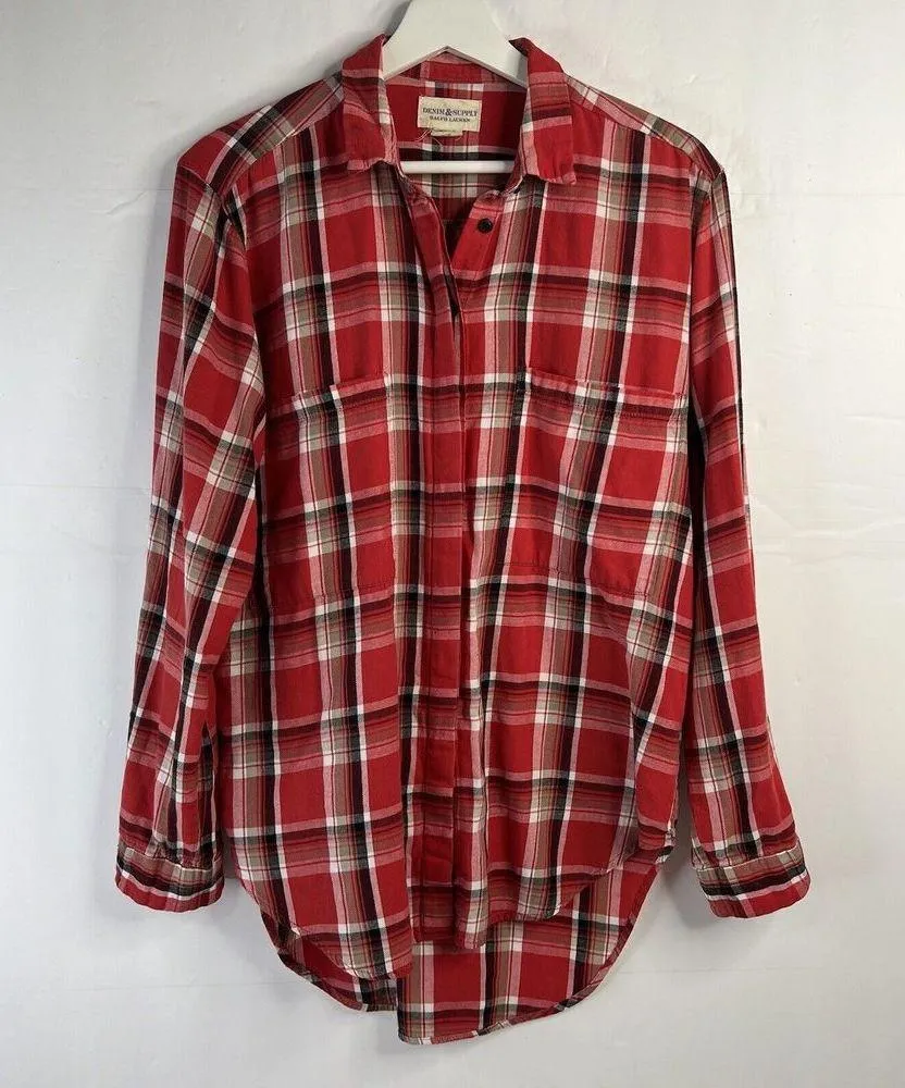 Denim & Supply Sz M Ralph Lauren Button Front Red Plaid Shirt Oversized Cotton - Image 2