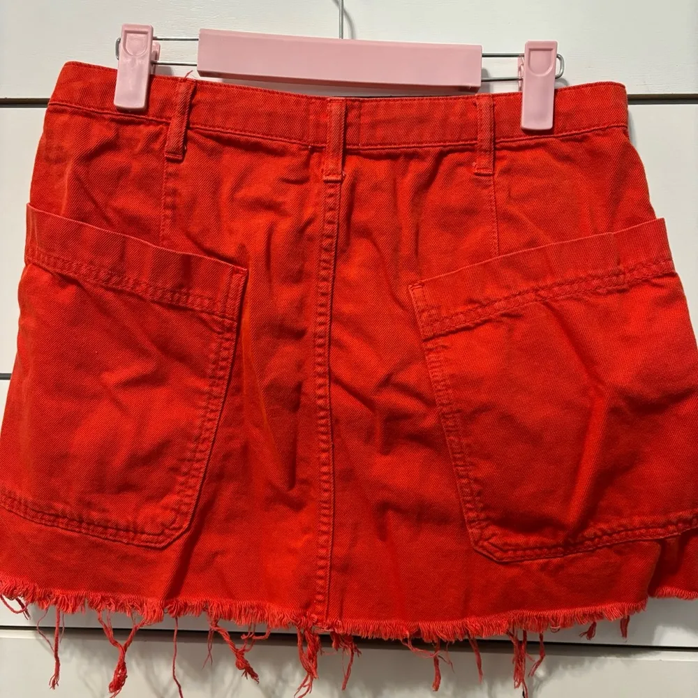 UO Twill Frayed Red Denim Mini Skirt - Image 3