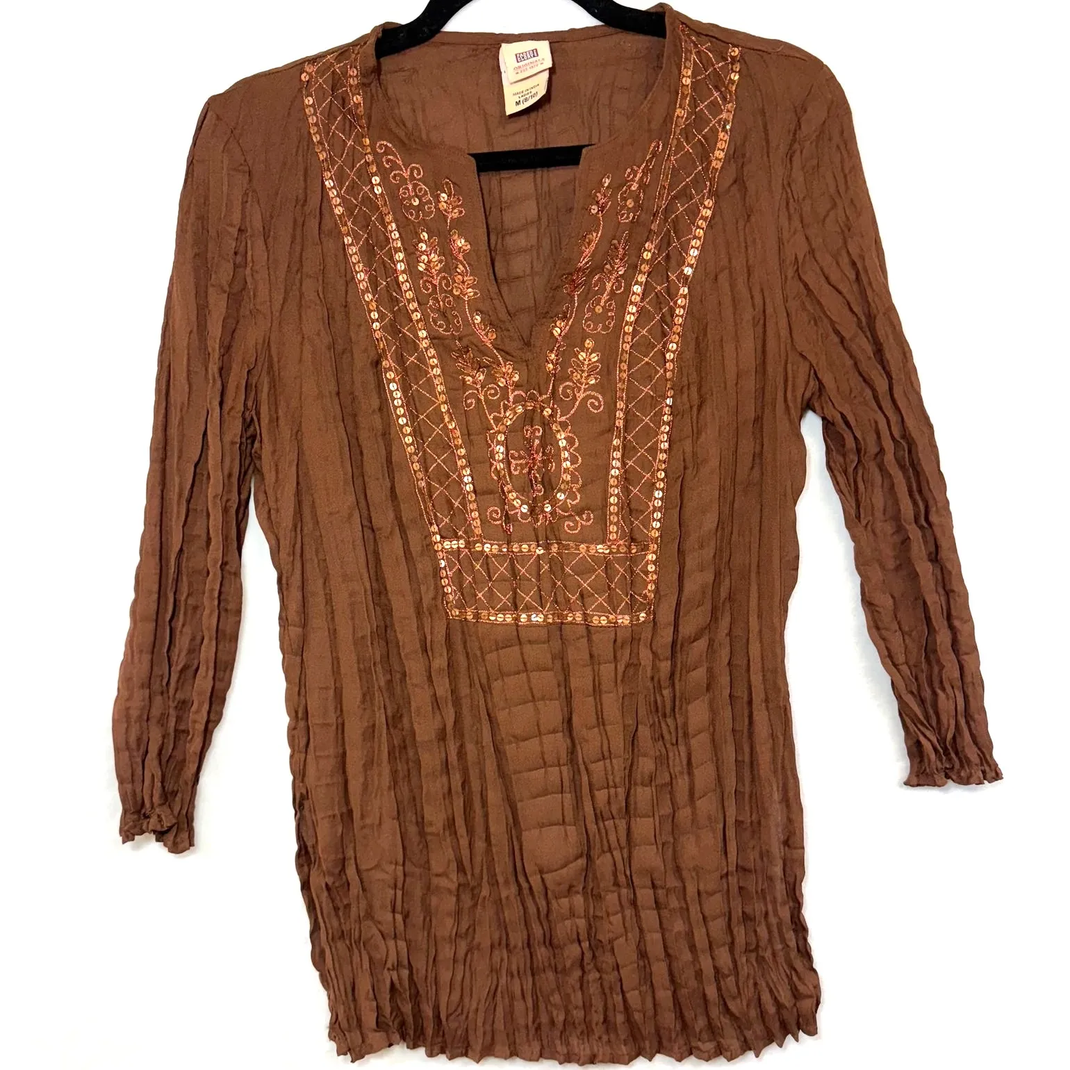 Faded Glory M Brown‎ 3/4 Top Boho Whimsygoth Summer Cottage Fairy Sequin Plisse - Image 1