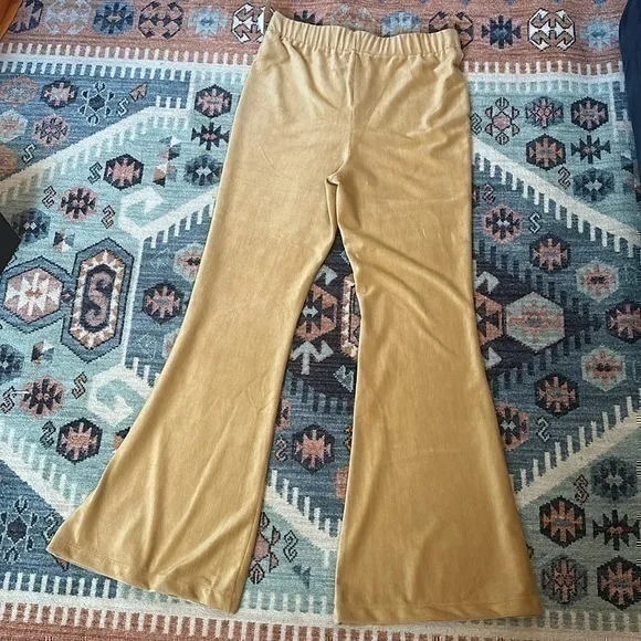 Tan Ribbed Velvet Velour Flare Soft Pants - Image 6