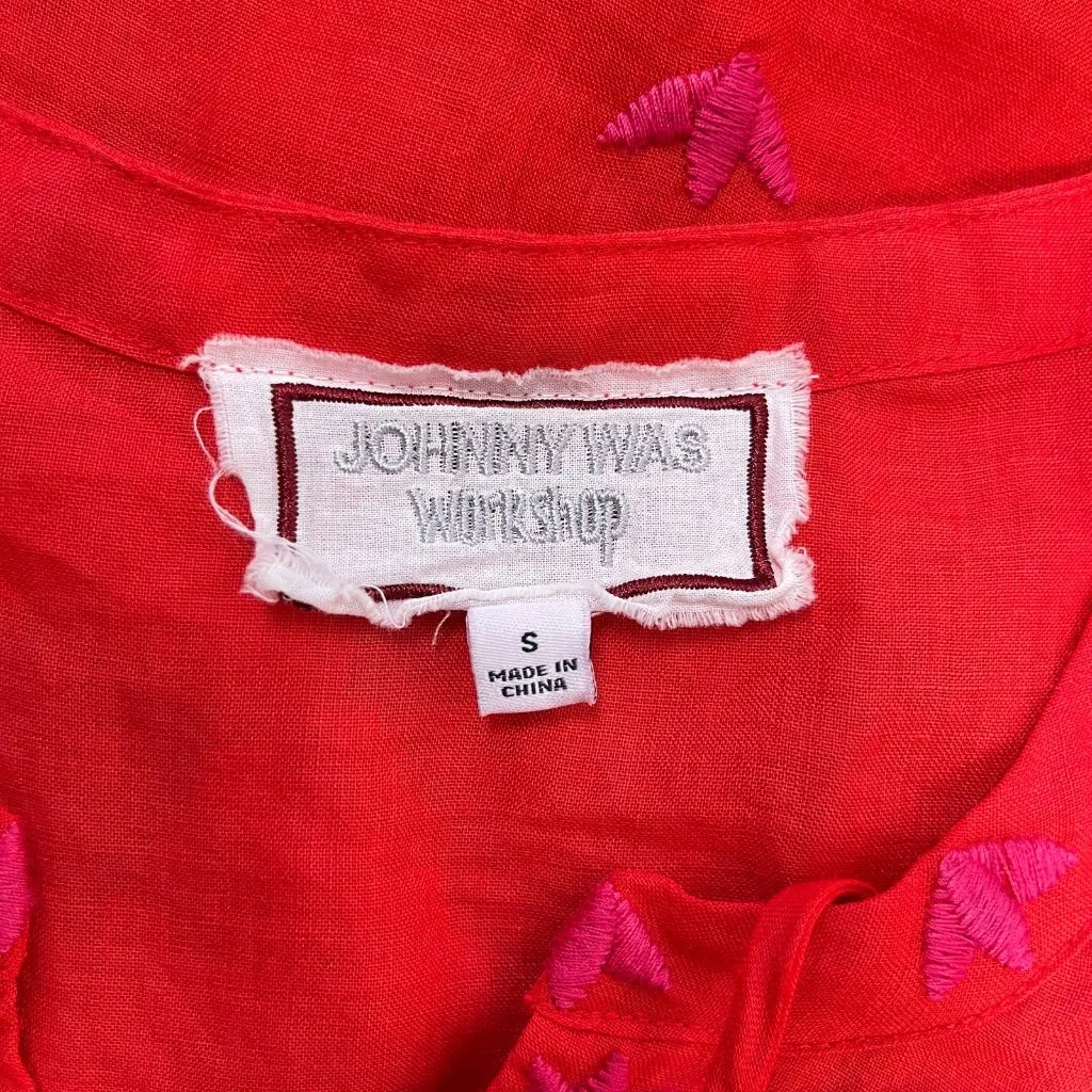 NWOT Johnny Was Ramie Embroidery Ruffles Red Luciana Tie Front Sleeve Dress S - Image 11