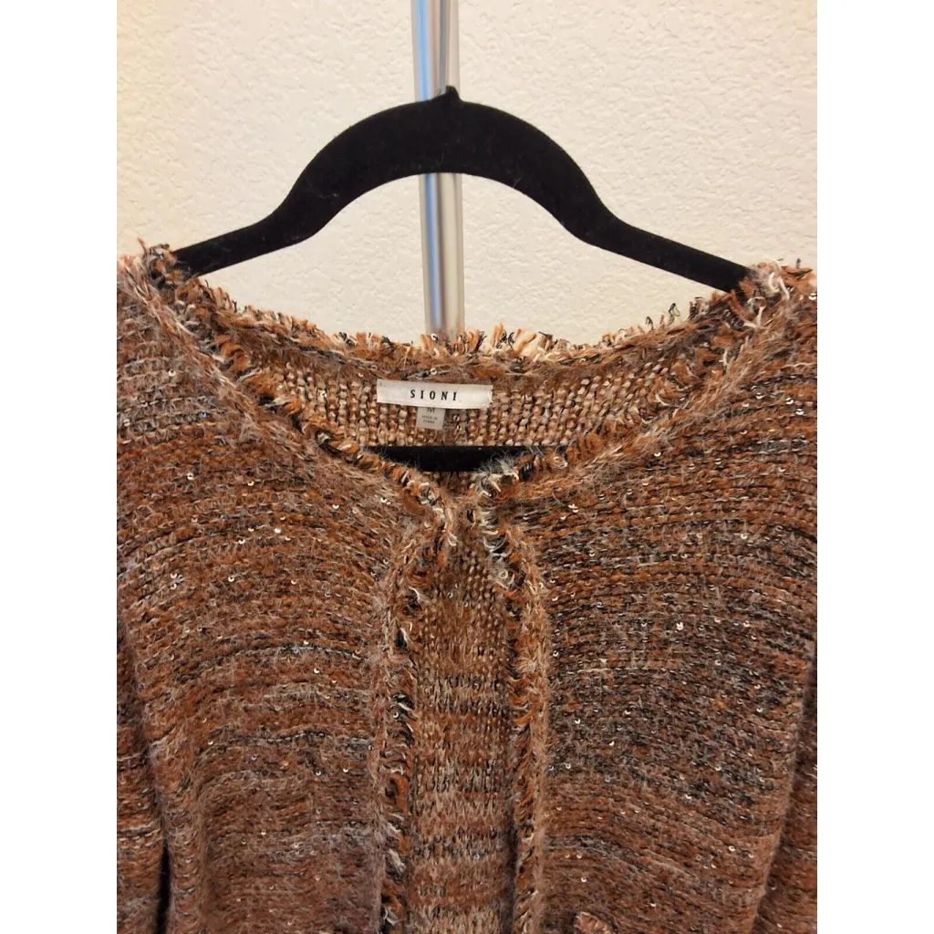 Sioni Size M Brown Speckled Textured Fringe with Pickets Cardigan Sweater Size M - Image 3