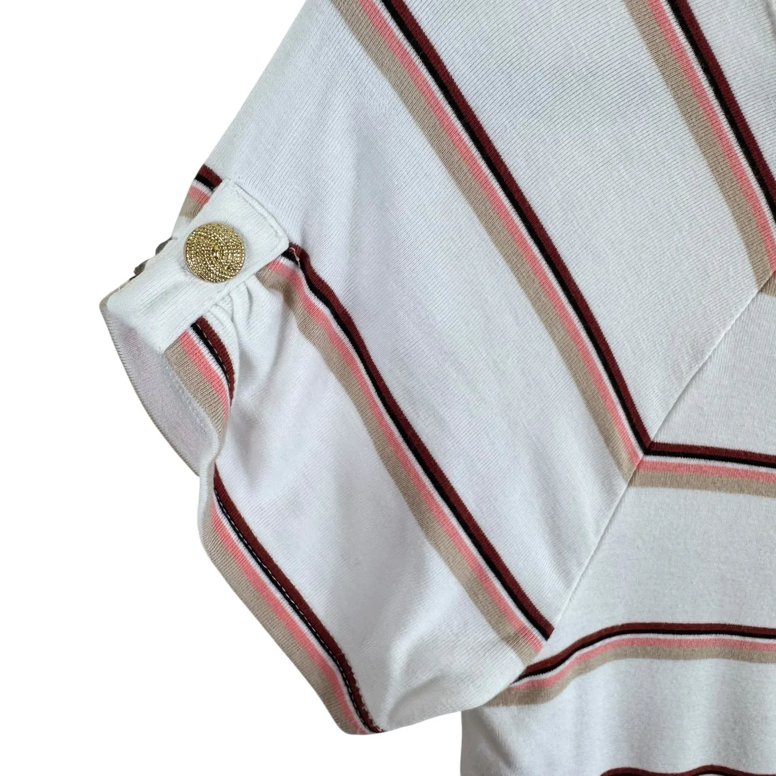 White House Black Market White Pink Red Striped Rayon Short Sleeve T-Shirt Sz M - Image 3