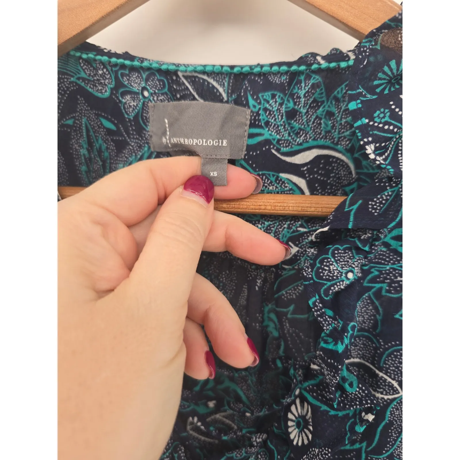 Anthropologie Womens XS Floral Print Ruffle Neck Lace Up Blouse Long Sleeve Blue - Image 3