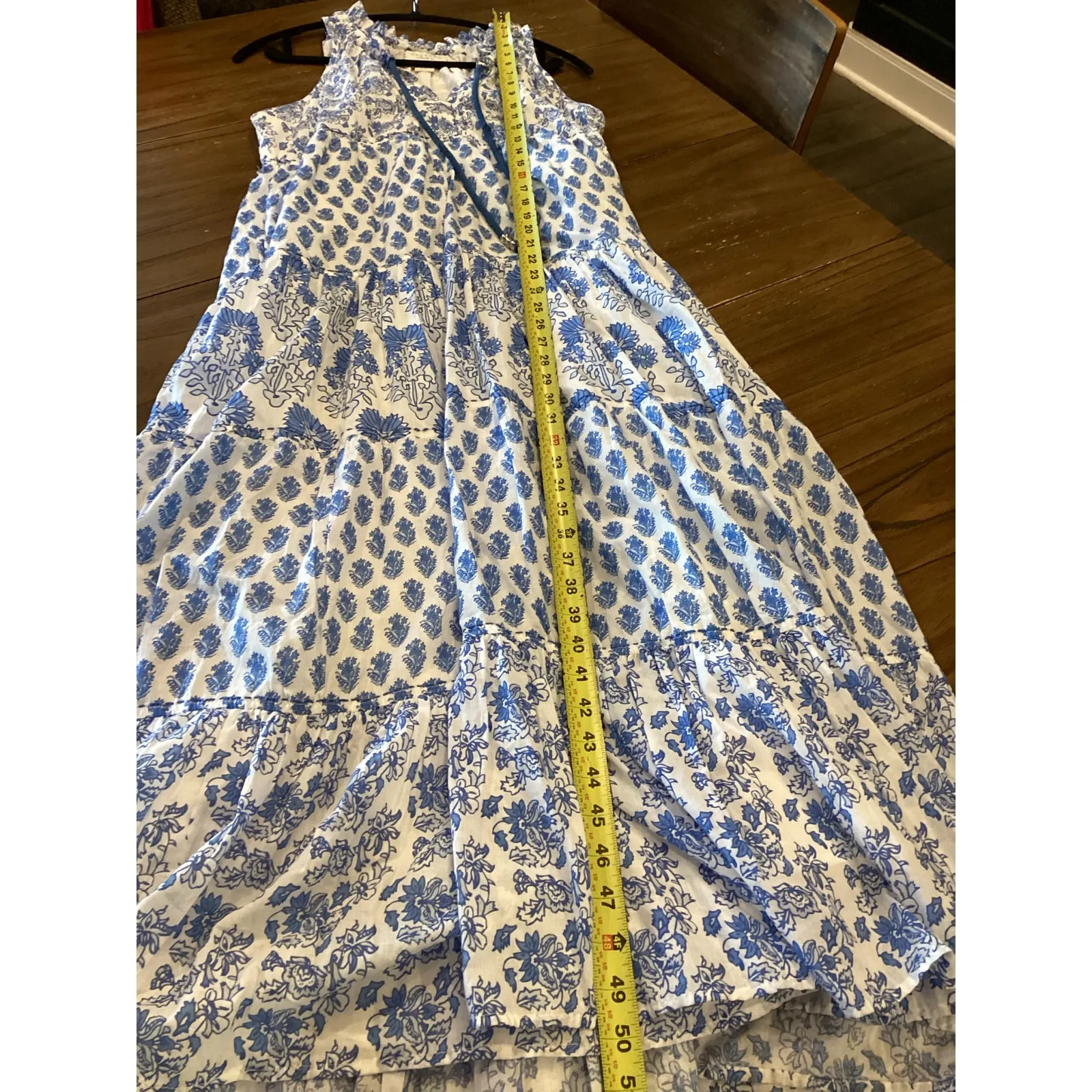 Calypso St Barth Daria Dress L Blue White Block Print Floral Cotton Resort Maxi - Image 4