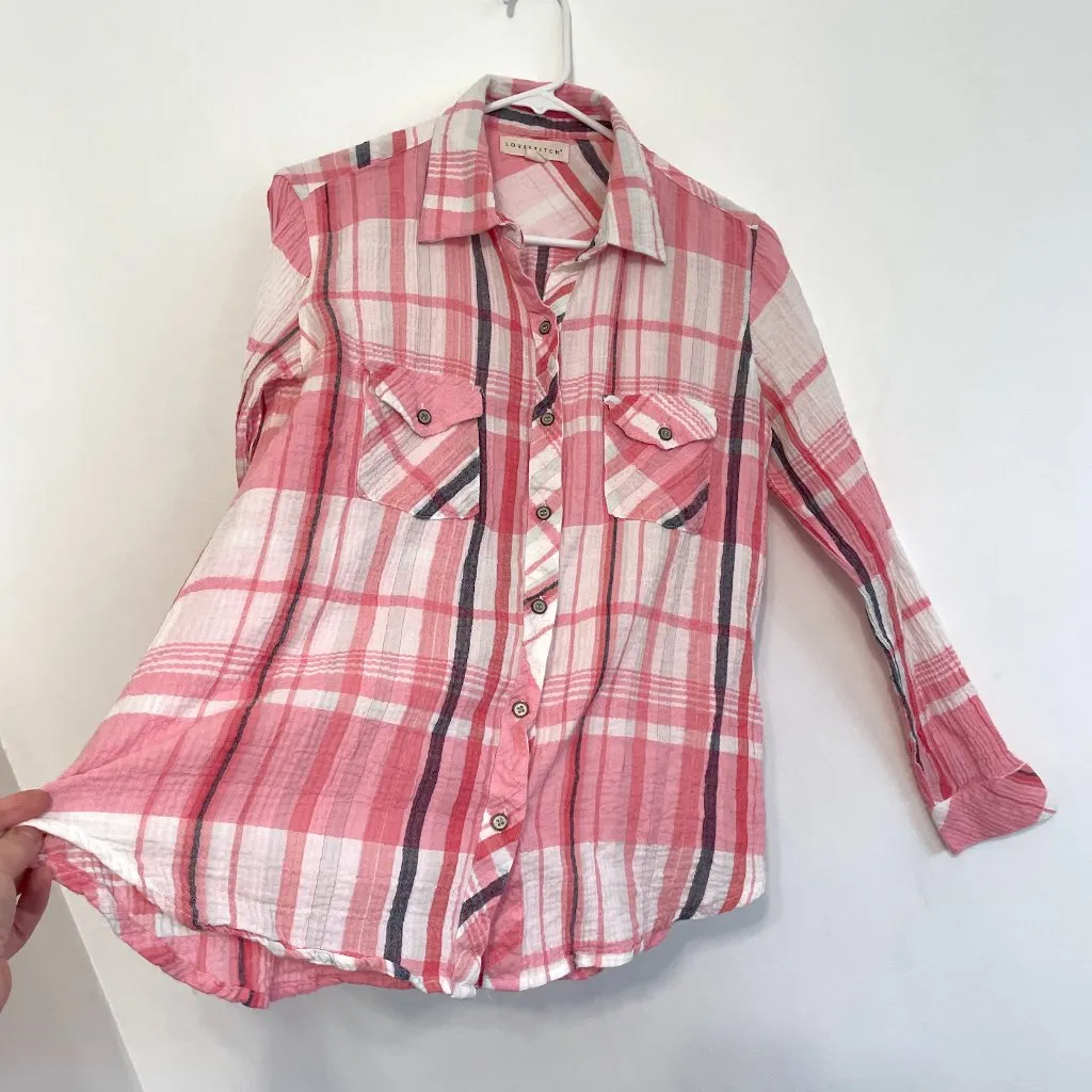 LOVESTITCH LOVE STITCH White Pink Coral Navy Plaid Long Sleeve Button Down Shirt - Image 8