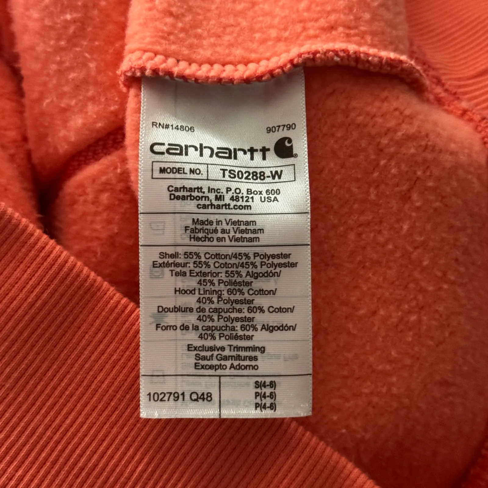 Carhartt Relaxed Fit Hoodie Womens‎ Small Coral Pullover Streetwear Workwear Y2K - Image 7