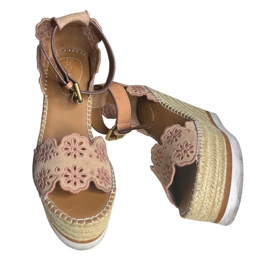 SEE BY CHLOE Sandals Laser Cut Suede Jute Espadrilles Leather Ankle Straps - Image 7