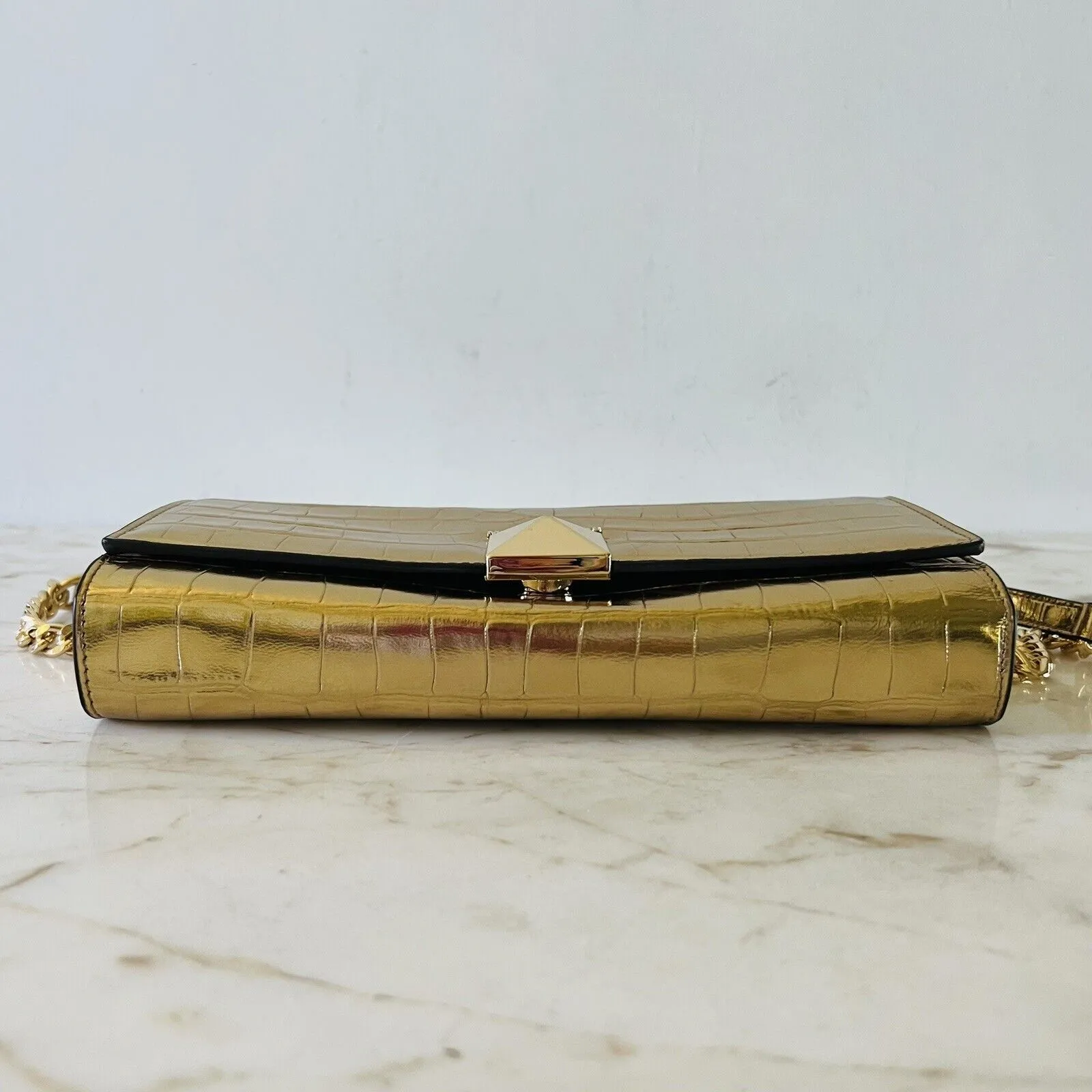 MICHAEL KORS Karla Gold Embossed Leather Clutch Chain Crossbody Bag - Image 5