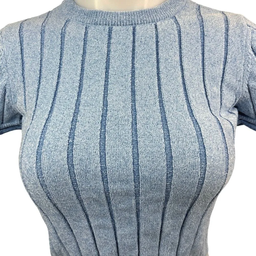 Zara Blue Velvet Velour Crewneck Short Sleeve Stretch T-Shirt Crop Top Sweater S - Image 3