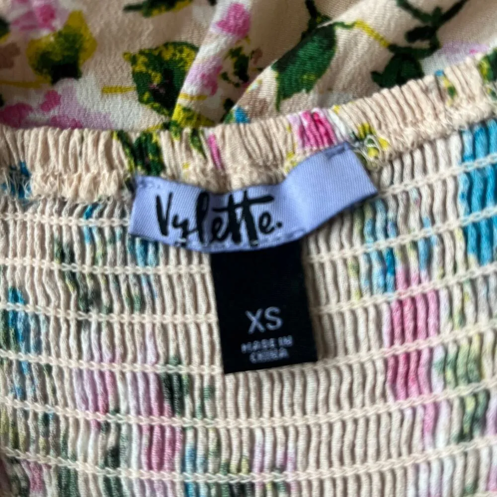 VYLETTE Babydoll Floral Mini Dress Sz XS Tan Y2K Square Neck Dainty Milkmaid - Image 10