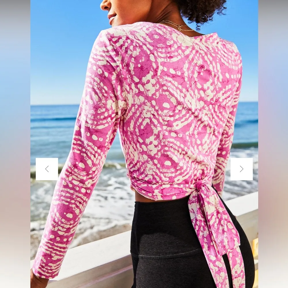 Anthropologie Daily Practice Pink & White Long Sleeve Wrap Crop Top - Image 3