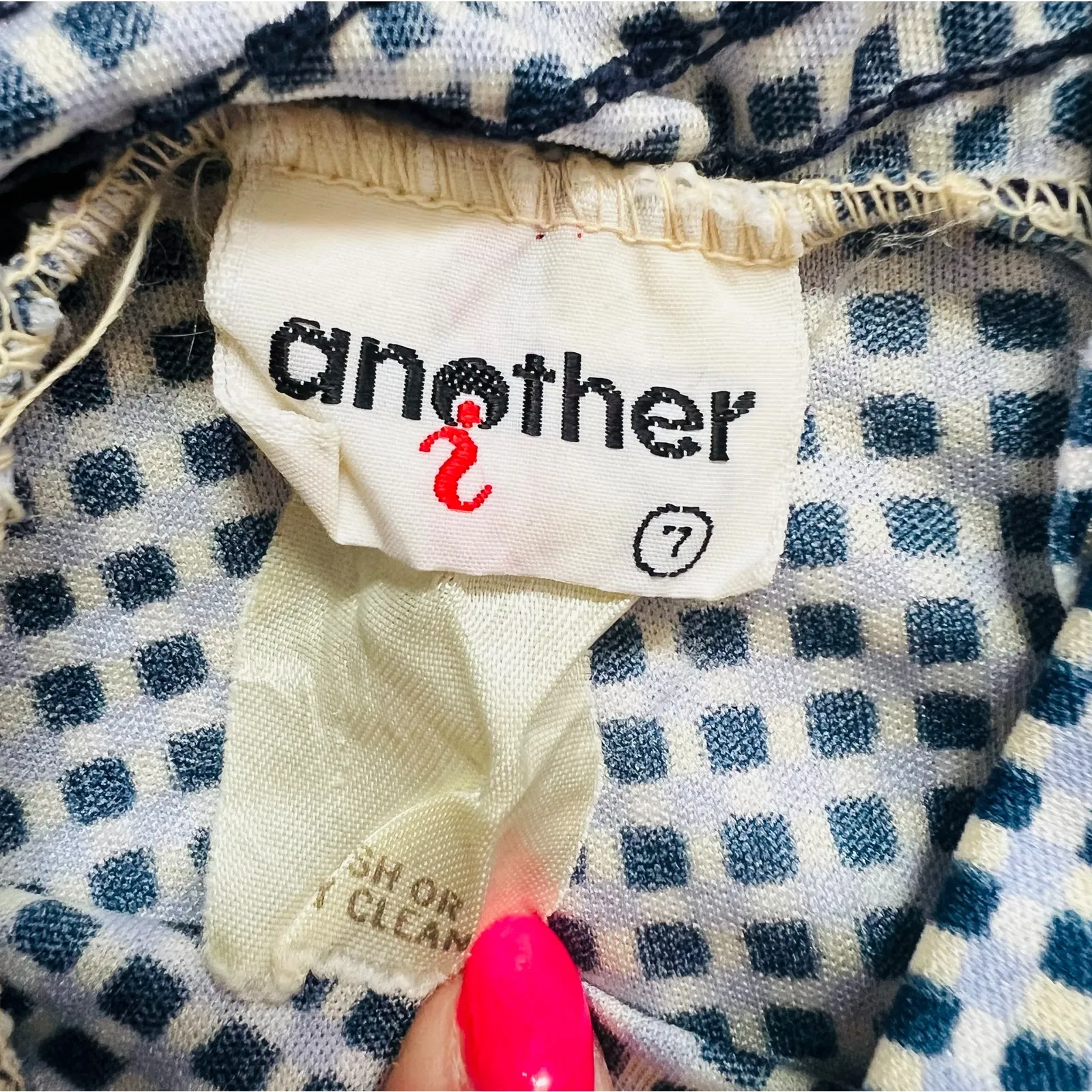 Vintage 70s Check Squares Shirred Blue Cream Tan Turtleneck Dress size S / M - Image 9