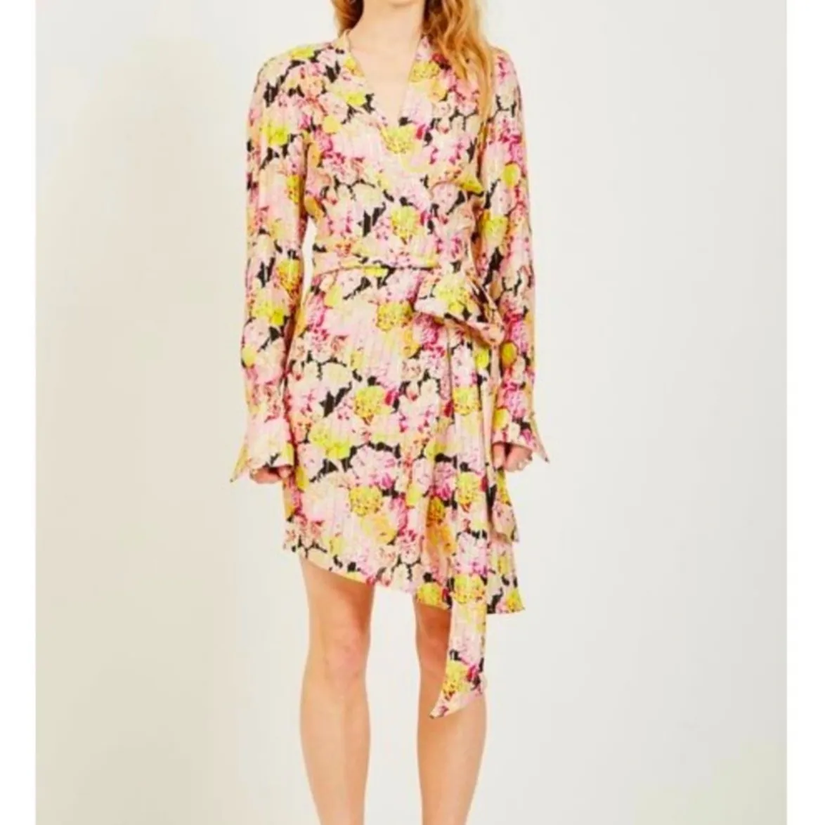 Birgitte Herskind Mini Dress Pink Metallic Gold Floral Long Sleeve Wrap Silk Size 4 - Image 3