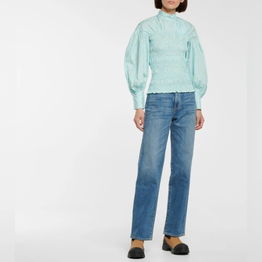 NWT Ganni Shirred Floral Organic Cotton Blend Poplin Blouse Puff Sleeve Blue - Image 10